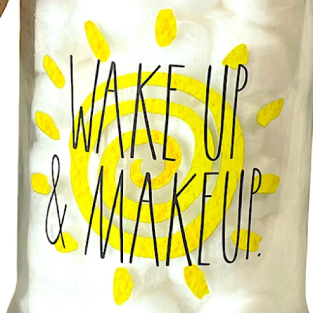 NEW Rae Dunn WAKE UP & MAKEUP Glass Jar w/Lid  & Cotton Balls ☀️☀️☀️